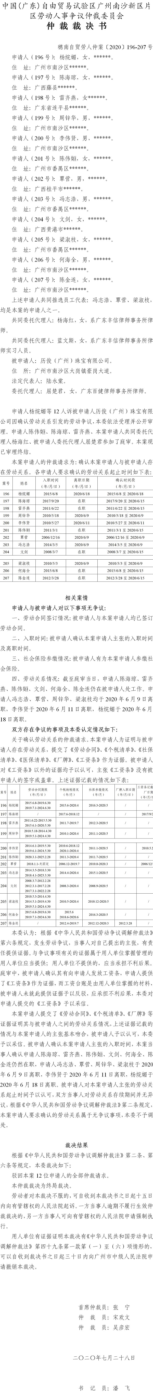穗南自贸劳人仲案〔2020〕196-207号 杨烷媚与被申请人历俊（广州）珠宝有限公司 仲裁裁决书.jpg