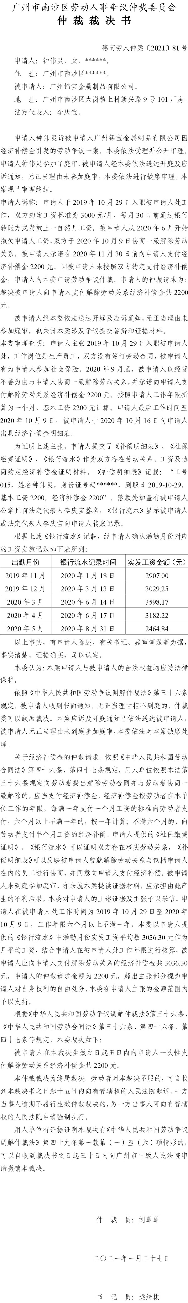 穗南劳人仲案〔2021〕81号 钟伟灵与广州锦宝金属制品有限公司 仲裁裁决书.jpg