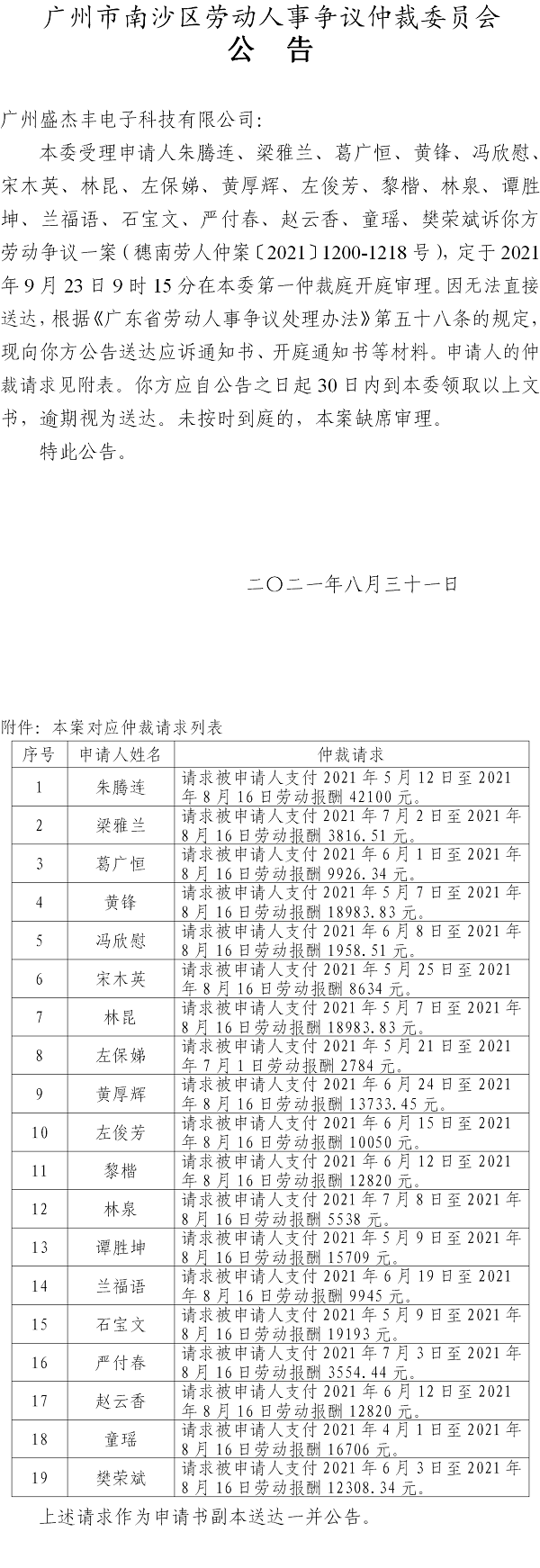 【公告】朱腾连、梁雅兰、葛广恒等19人诉广州盛杰丰电子科技有限公司 开庭通知公告.png