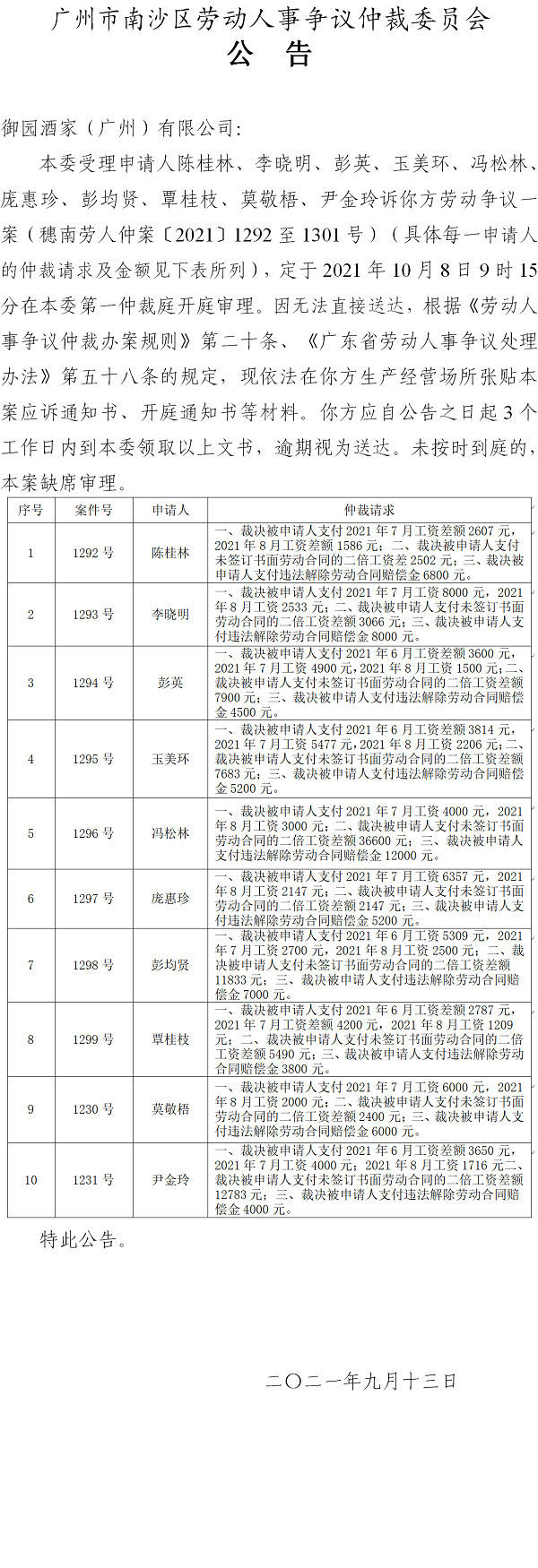 【公告】穗南劳人仲案〔2021〕1292-1301号陈桂林、李晓明、彭英等10人诉御园酒家（广州）有限公司 开庭通知公告.png