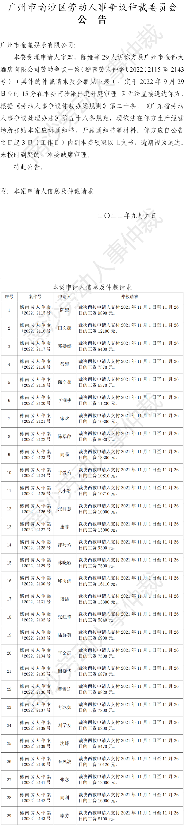 【公告】穗南劳人仲案〔2022〕2115-2143号宋欢、陈娅等29人诉广州市金都大酒店有限公司、广州市金笙娱乐有限公司 开庭通知公告（广州市金笙娱乐有限公司）.png