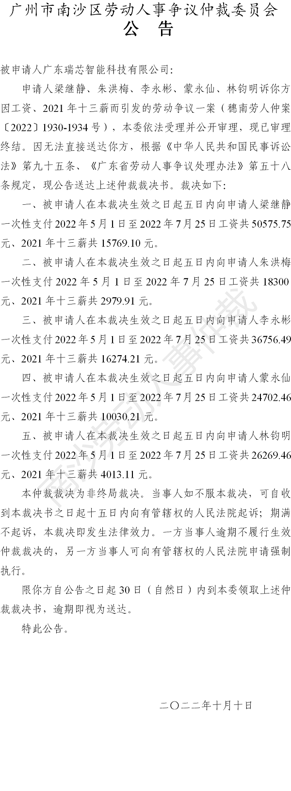 【公告】穗南劳人仲案〔2022〕1930-1934号梁继静、朱洪梅、李永彬等5人诉广东瑞芯智能科技有限公司 仲裁裁决书公告.png