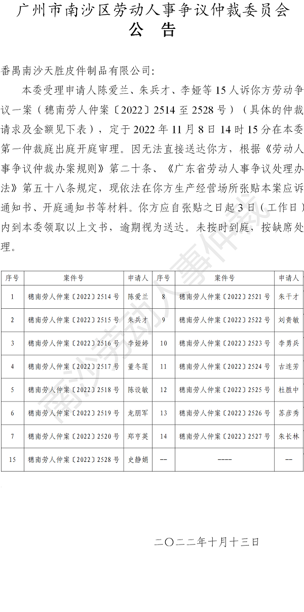 【公告】穗南劳人仲案〔2022〕2514-2528号陈爱兰、朱兵才、李娅等15人诉番禺南沙天胜皮件制品有限公司 开庭通知公告.png