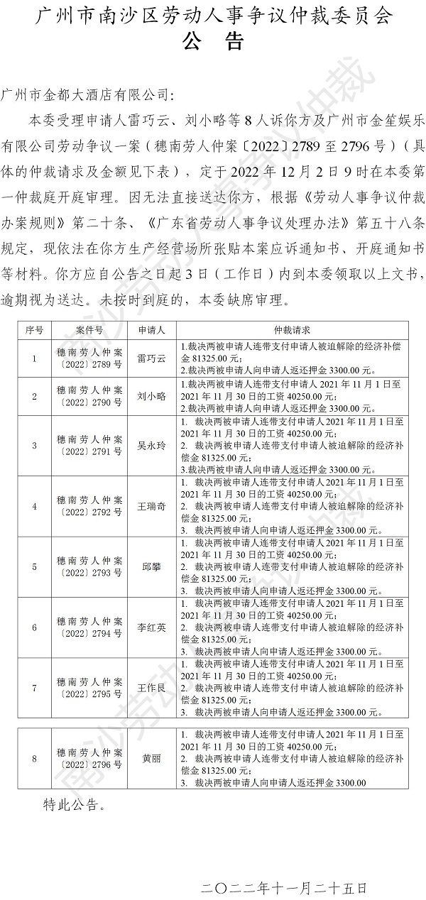 【公告】穗南劳人仲案〔2022〕2789至2796号 雷巧云、刘小略等8人诉广州市金都大酒店有限公司 仲裁决定书公告.jpg