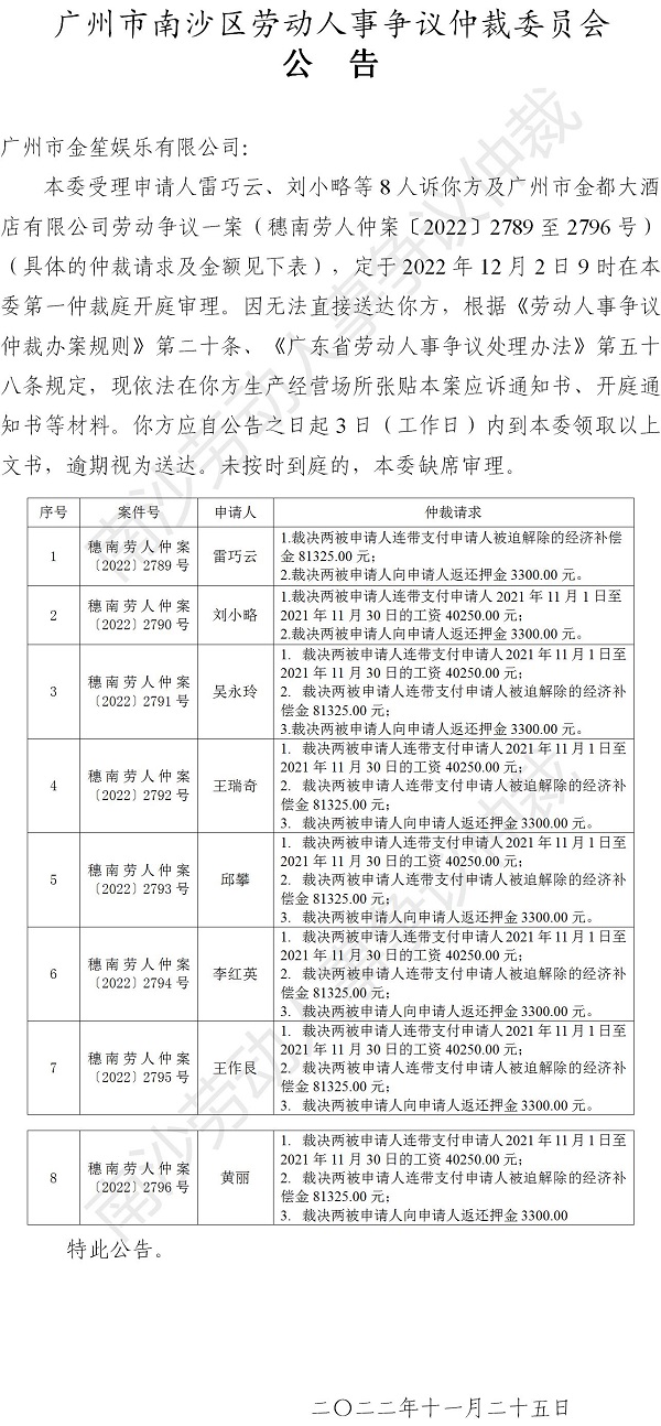 【公告】穗南劳人仲案〔2022〕2789至2796号 雷巧云、刘小略等8人诉广州市金笙娱乐有限公司 仲裁决定书公告.jpg