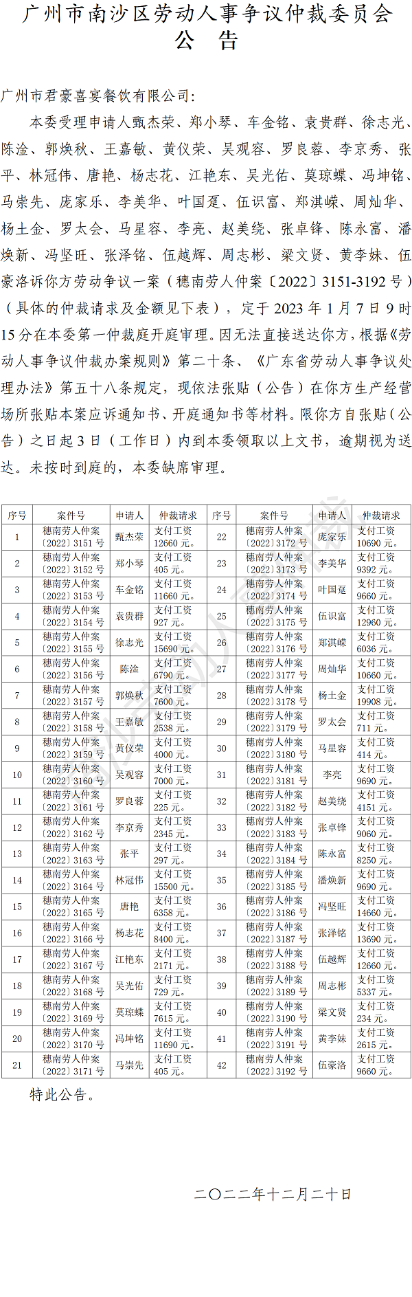 【公告】穗南劳人仲案〔2022〕3151-3192号甄杰荣、郑小琴、车金铭等42人诉广州市君豪喜宴餐饮有限公司 开庭通知公告.png