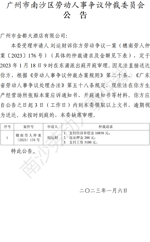 【公告】穗南劳人仲案〔2023〕176号刘运财诉广州市金都大酒店有限公司 开庭通知公告.png
