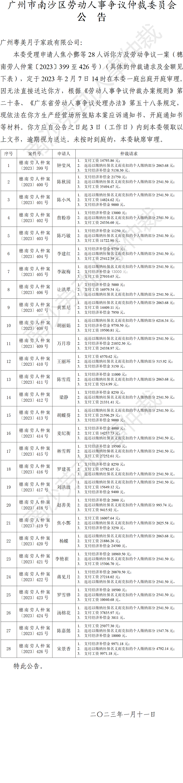 【公告】穗南劳人仲案〔2023〕399-426号焦小酆等28人诉广州粤美月子家政有限公司 开庭通知公告.png