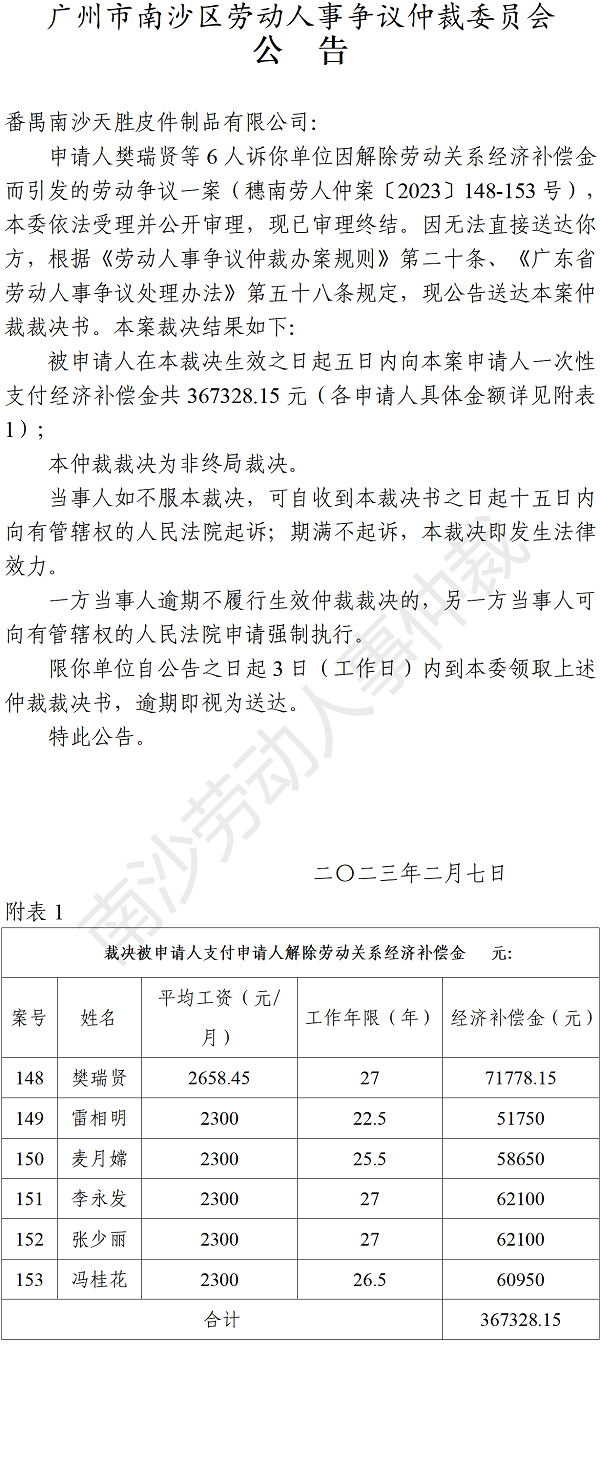 【公告】穗南劳人仲案〔2023〕148-153号樊瑞贤等6人诉番禺南沙天胜皮件制品有限公司 仲裁裁决书公告.png