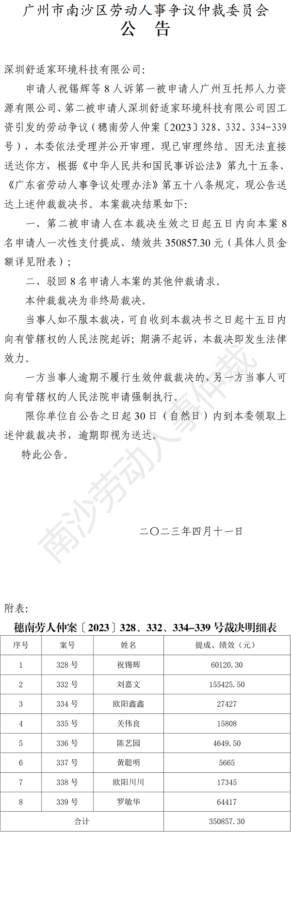 【公告】穗南劳人仲案〔2023〕328、332、334-339号祝锡辉等8人诉深圳舒适家环境科技有限公司 仲裁裁决书公告.png